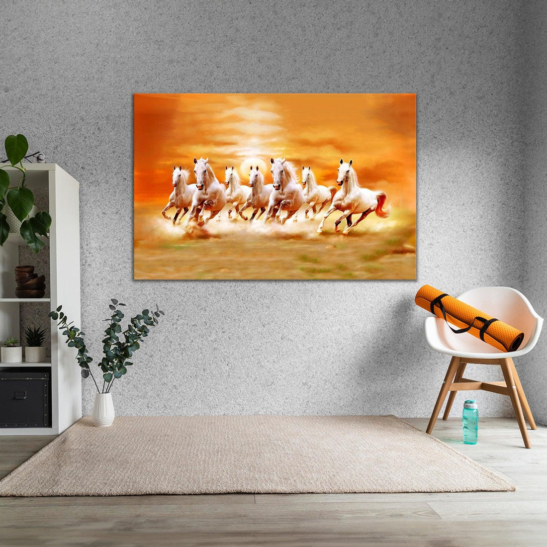 Seven Horses Canvas Painting in yellow living room