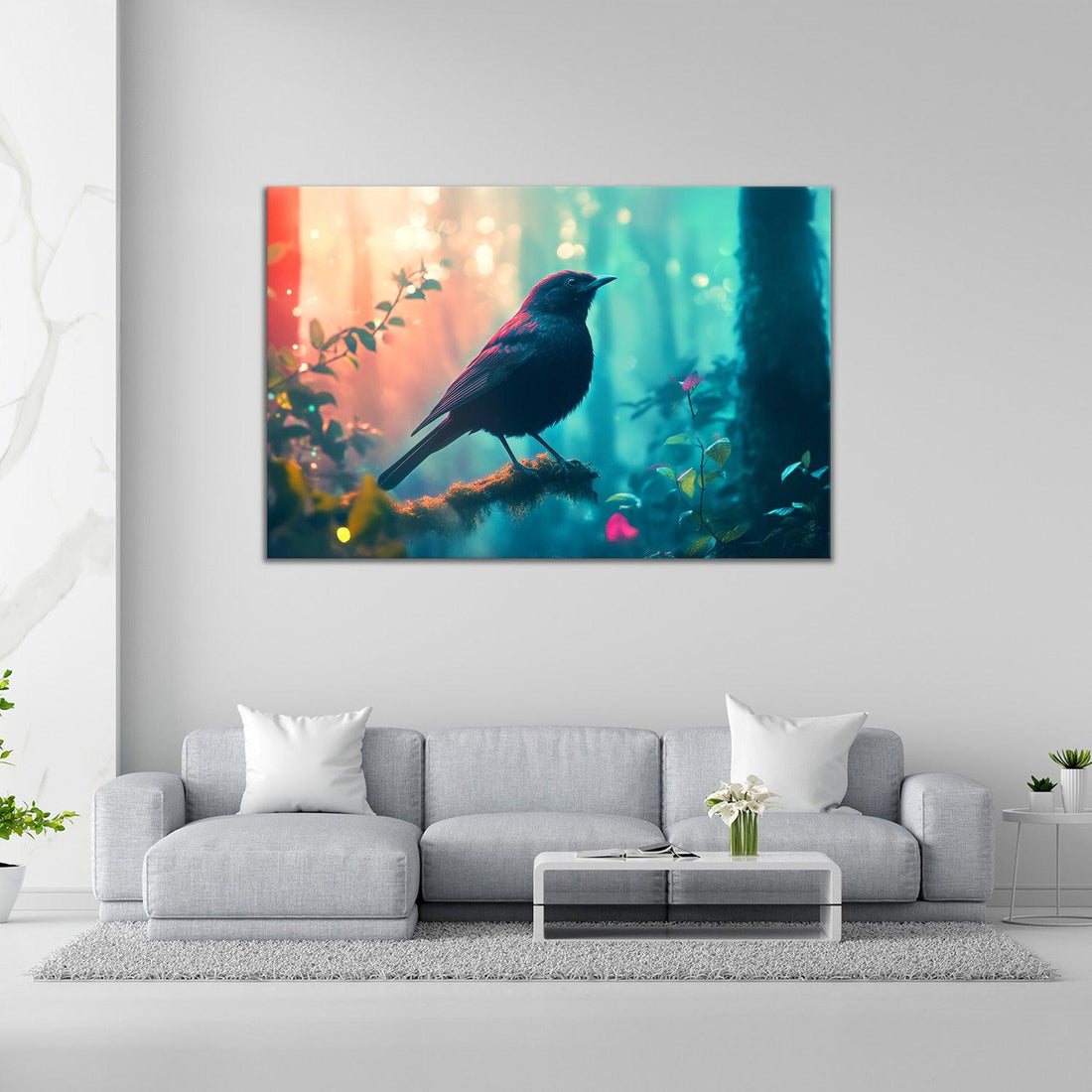 Blackbird canvas painting in living room