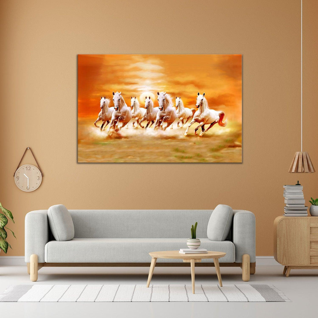 Seven Horses Canvas Painting in yellow living room