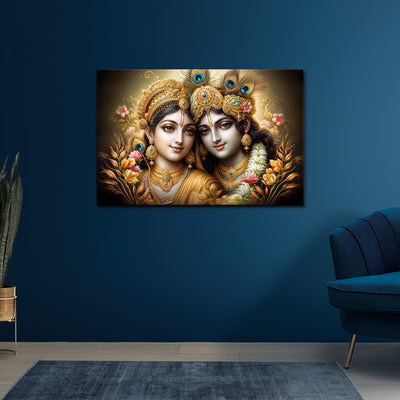 Radha Krishna Golden Canvas Painting – The Royal Radiance of Divine Love