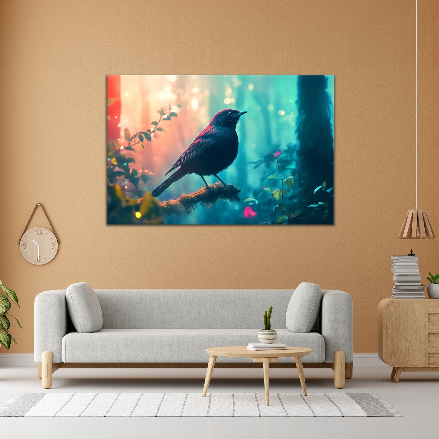Blackbird canvas painting above sofa