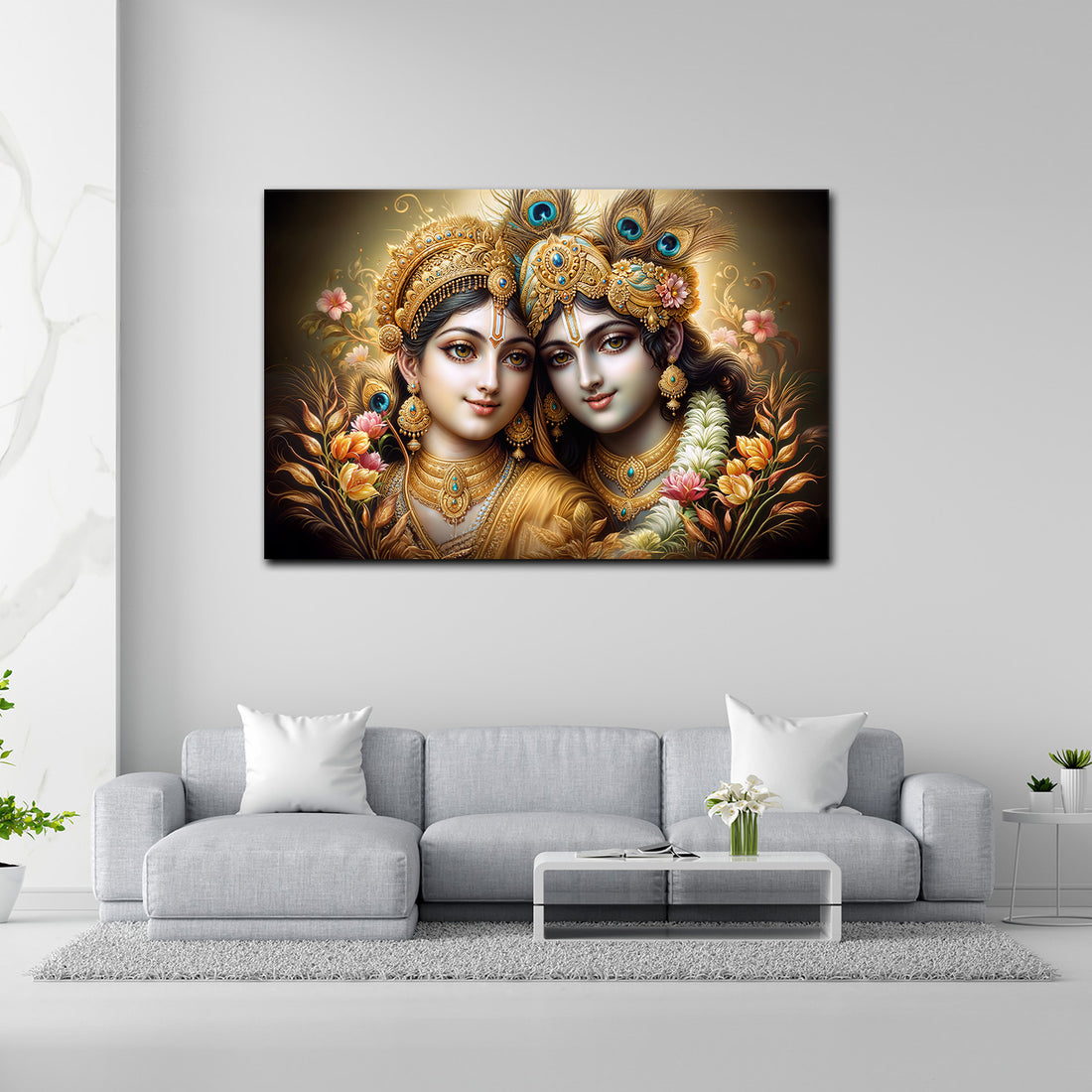 Radha Krishna Golden Canvas Painting – The Royal Radiance of Divine Love