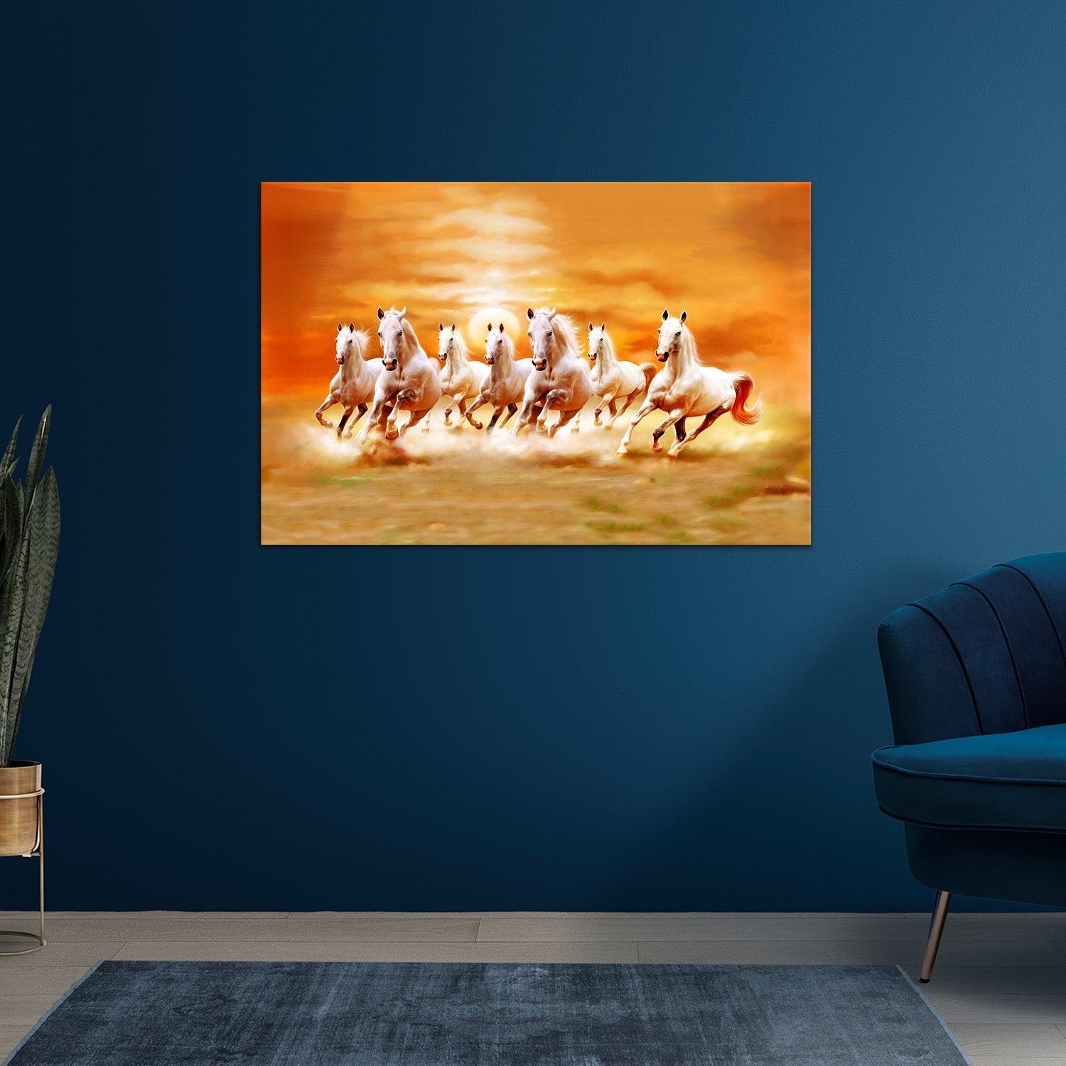 Seven Horses Canvas Painting in living Blue room