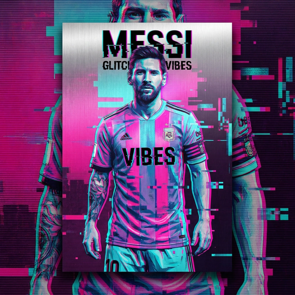 Messi Glitch Art Poster - Hot Pink & Cyan Edition