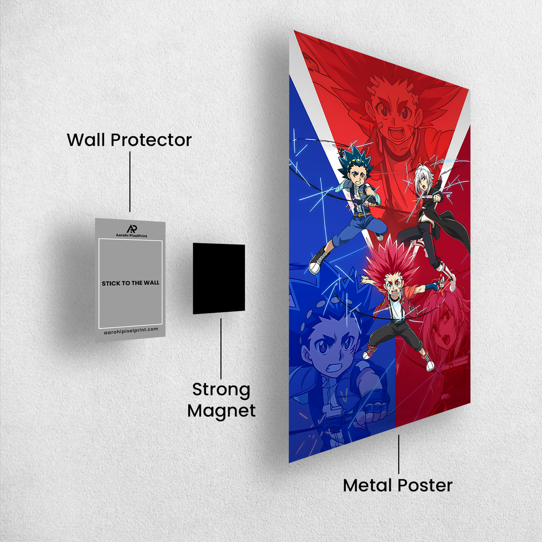 Beyblade Turbo Metal Poster – Clash of Aoi, Aiger, and Shu⚙️🔥