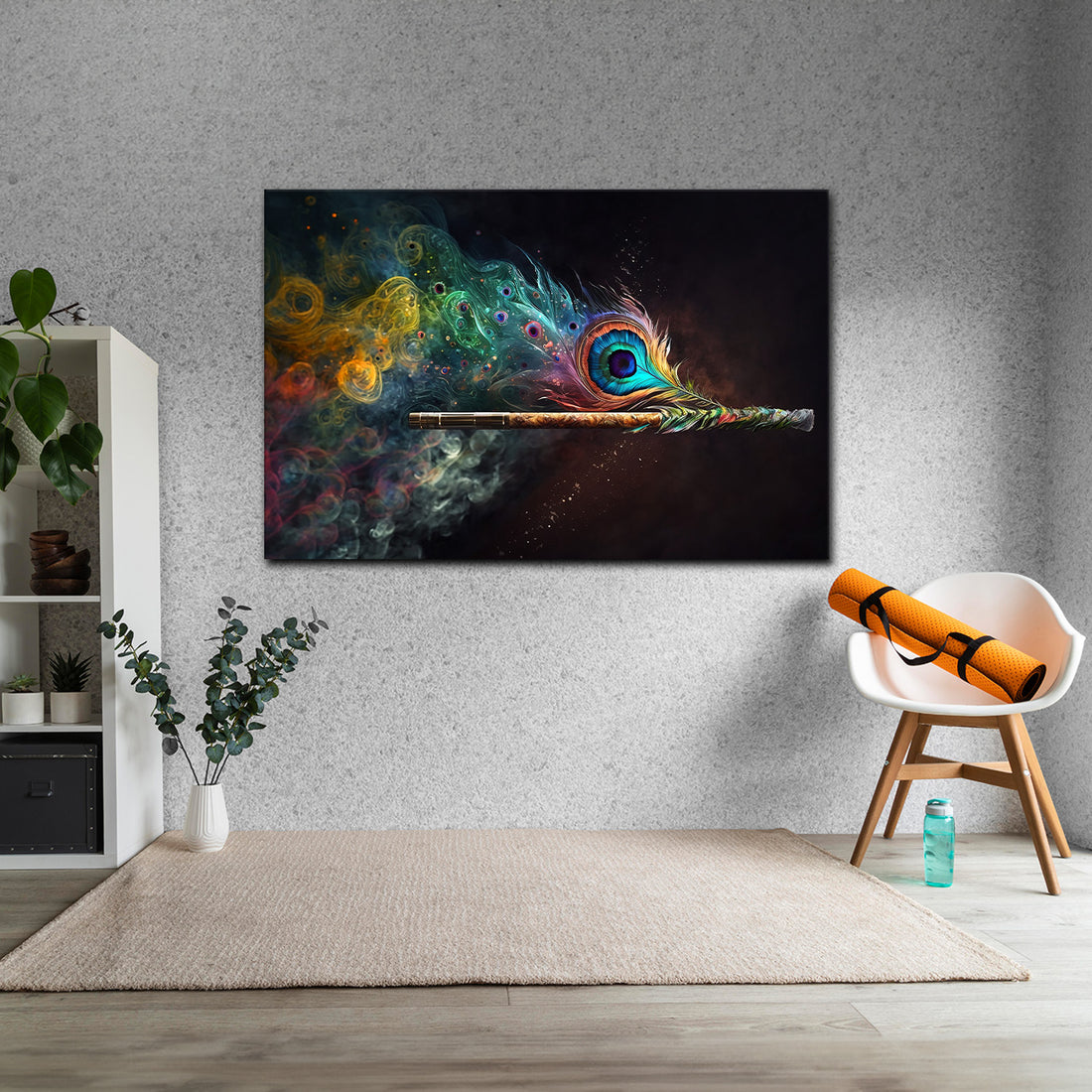 Krishna Flute & Peacock Feather Canvas Painting – Symphony of Divine Sound and Color