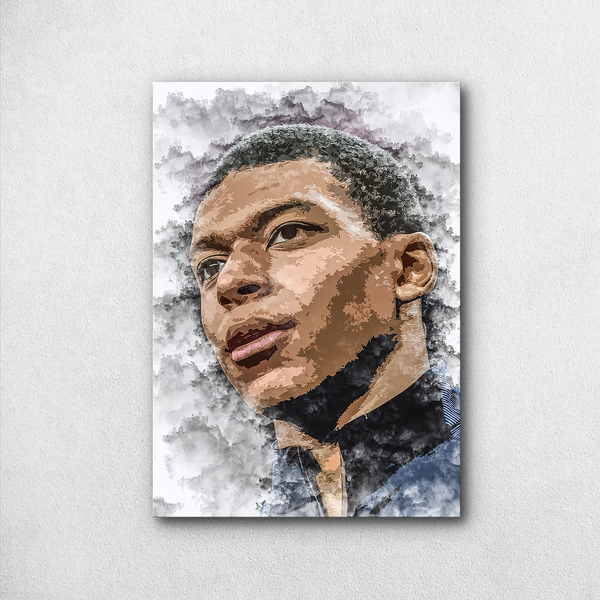 Kylian Mbappé Watercolor Poster – Intense Portrait Wall Art for Football Fans - Poster by Aarohi PixelPrint