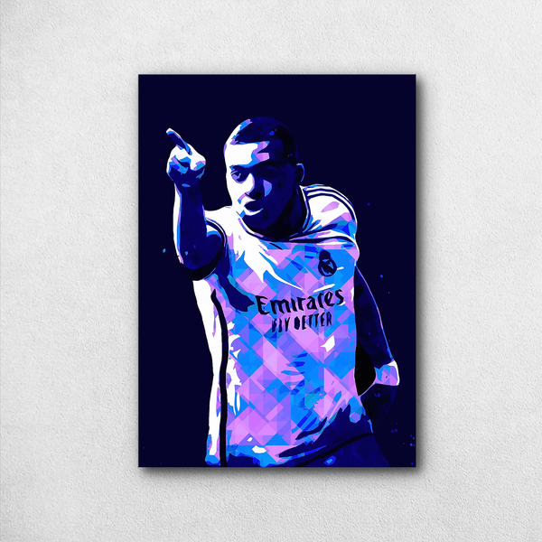 Kylian Mbappé Real Madrid Celebration Poster – Blue Polygon Style Print - Poster by Aarohi PixelPrint