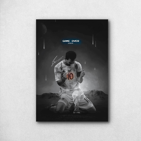 Lionel Messi "Game Over" Poster – Futuristic World Cup Champion Art | Premium Poster - Poster by Aarohi PixelPrint