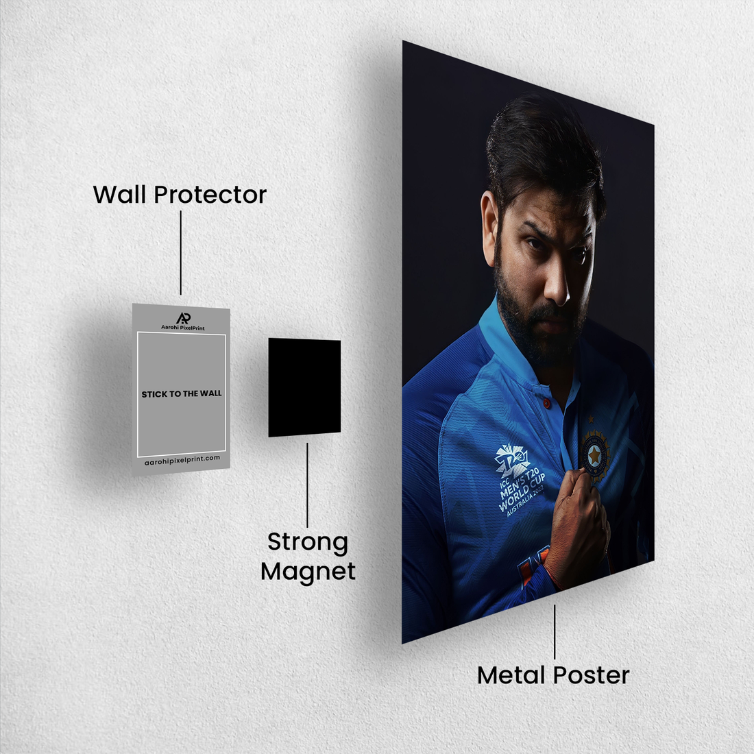 Rohit Sharma Metal Poster – Bleed Blue, Roar Louder