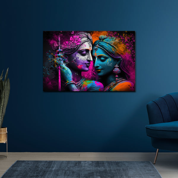 Radha Krishna Abstract Canvas Painting – The Divine Symphony of Color and Emotion - Canvas Painting by Aarohi PixelPrint