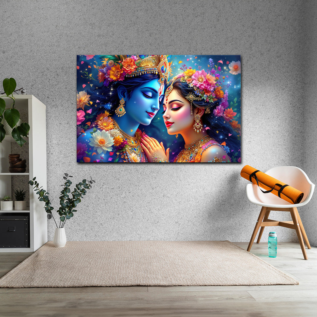 Radha Krishna Canvas Painting with Divine Colors, Floral Aura & Spiritual Glow