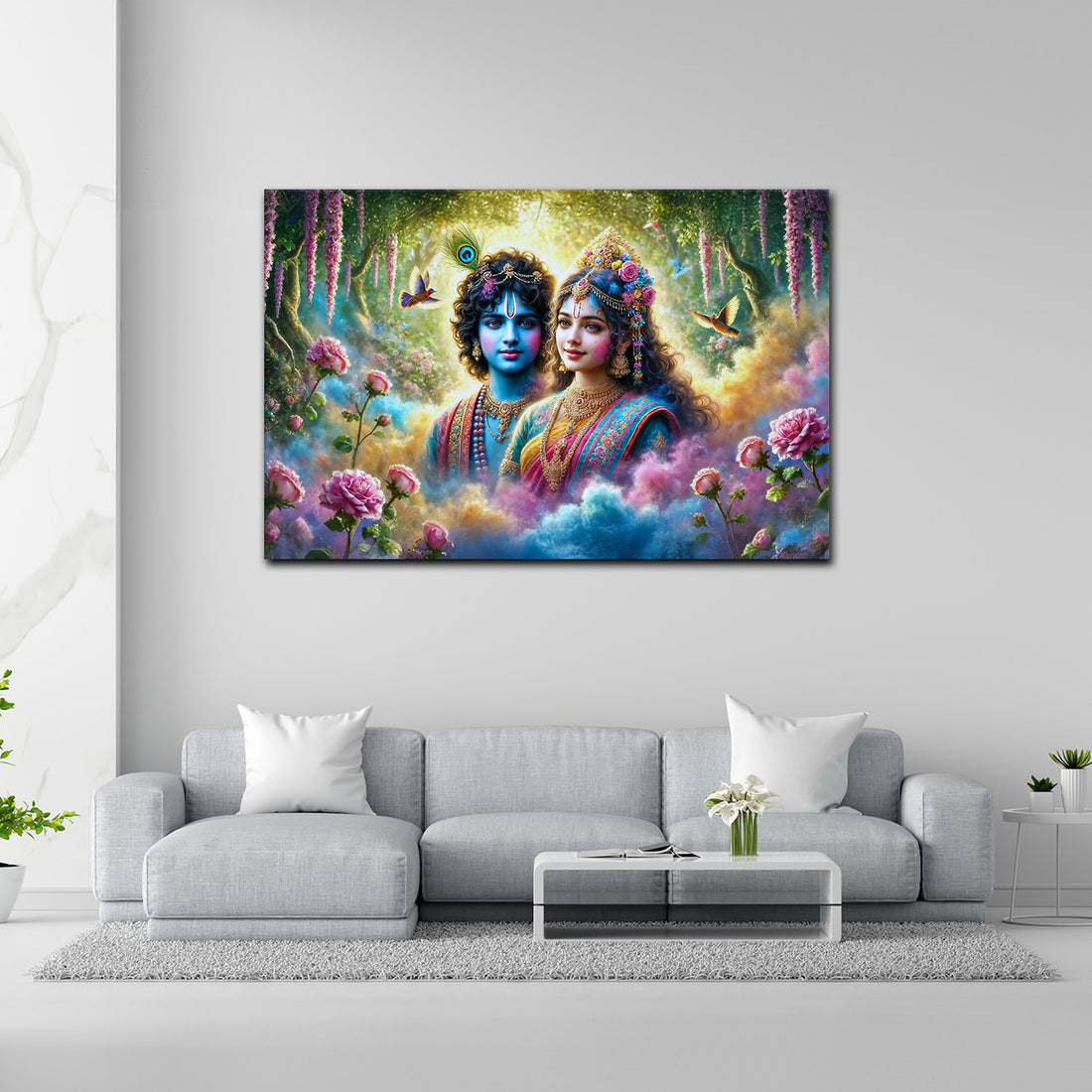 Radha Krishna Garden of Bliss Canvas Painting – Divine Love in Nature’s Embrace