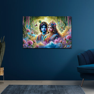Radha Krishna Garden of Bliss Canvas Painting – Divine Love in Nature’s Embrace