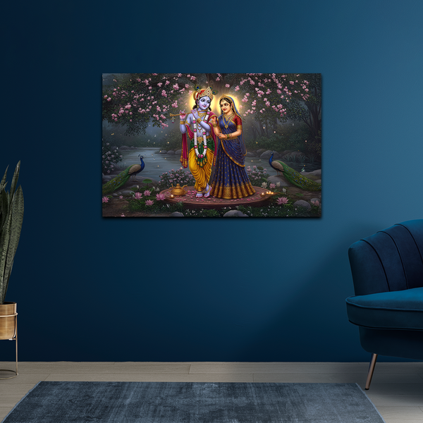 🌸 Radha Krishna Vrindavan Melody Canvas Painting – The Symphony of Eternal Love