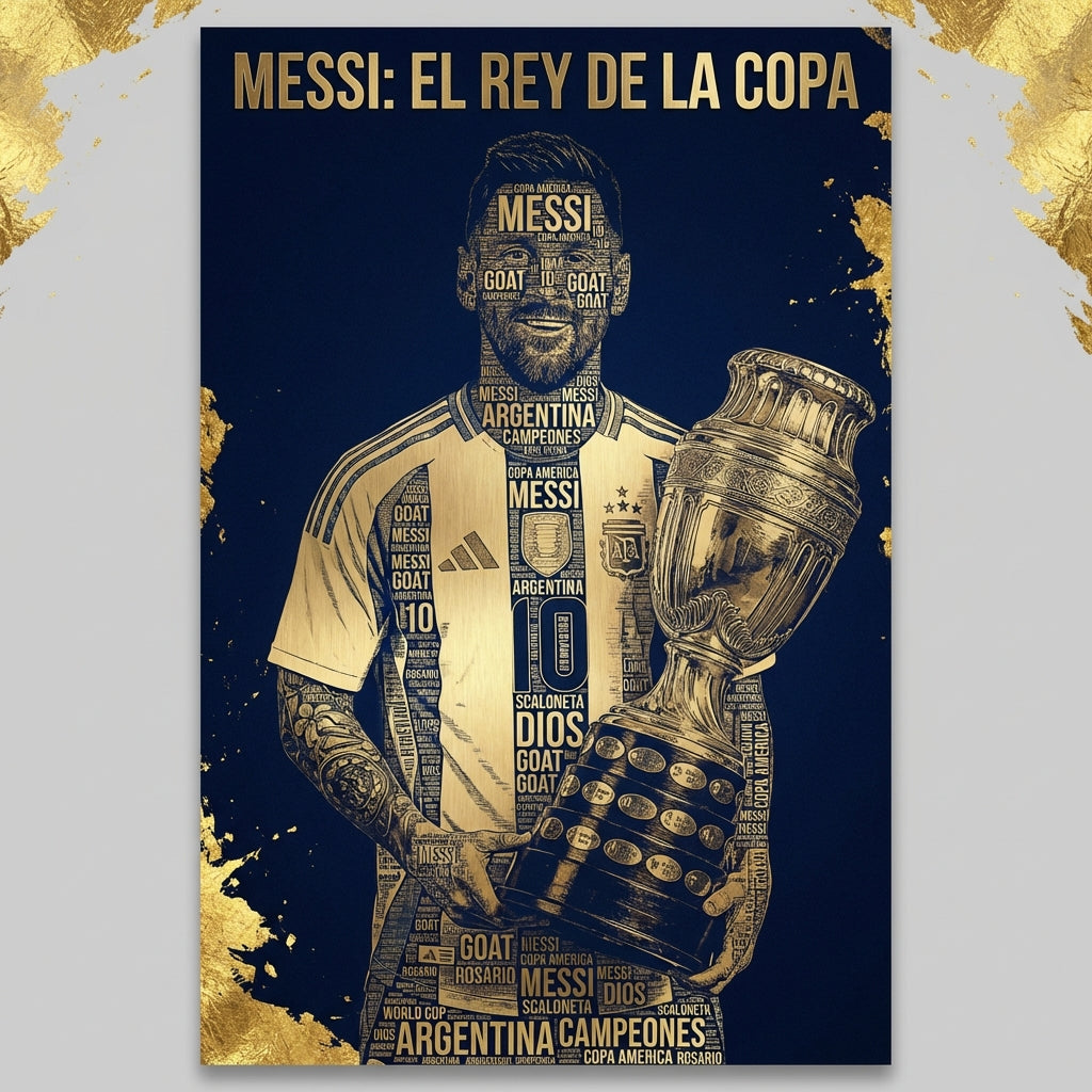 Messi Word Cloud Poster - Navy Blue & Gold Edition | Premium Metal & Acrylic Wall Art